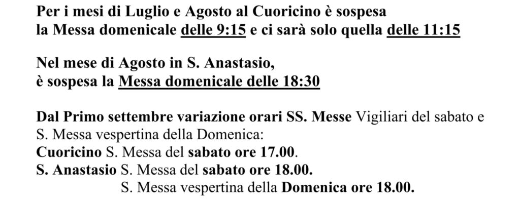 Orari delle S. Messe modifica da settembre
