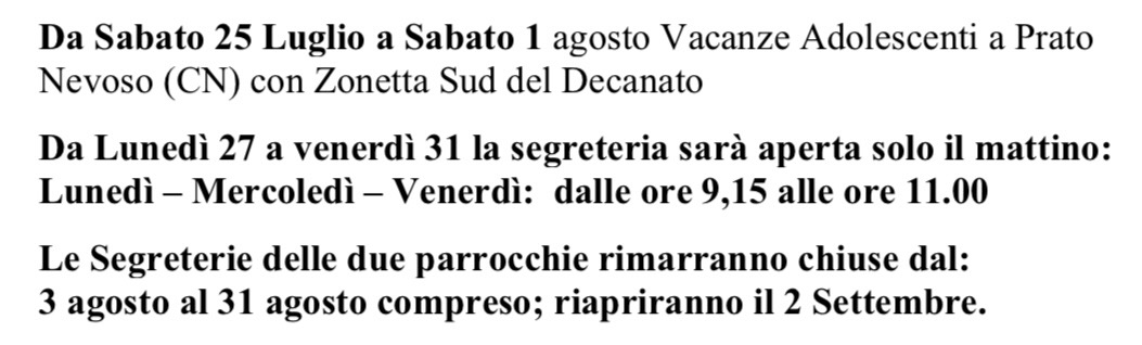 Orari segreteria estivi agosto 2026 Comunità Pastorale Maria Ausiliatrice Cardano al Campo