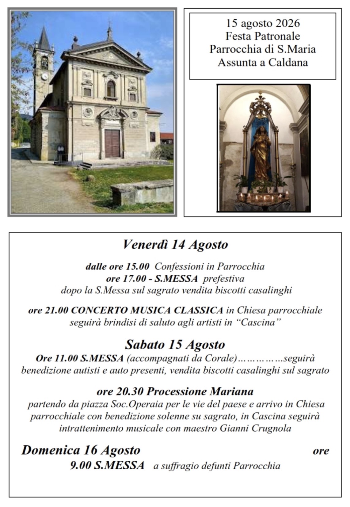 Festa Patronale Maria Assunta in Cielo 2026. Parrocchia di Caldana, Comunità Pastorale Sacra Famiglia Cocquio Trevisago