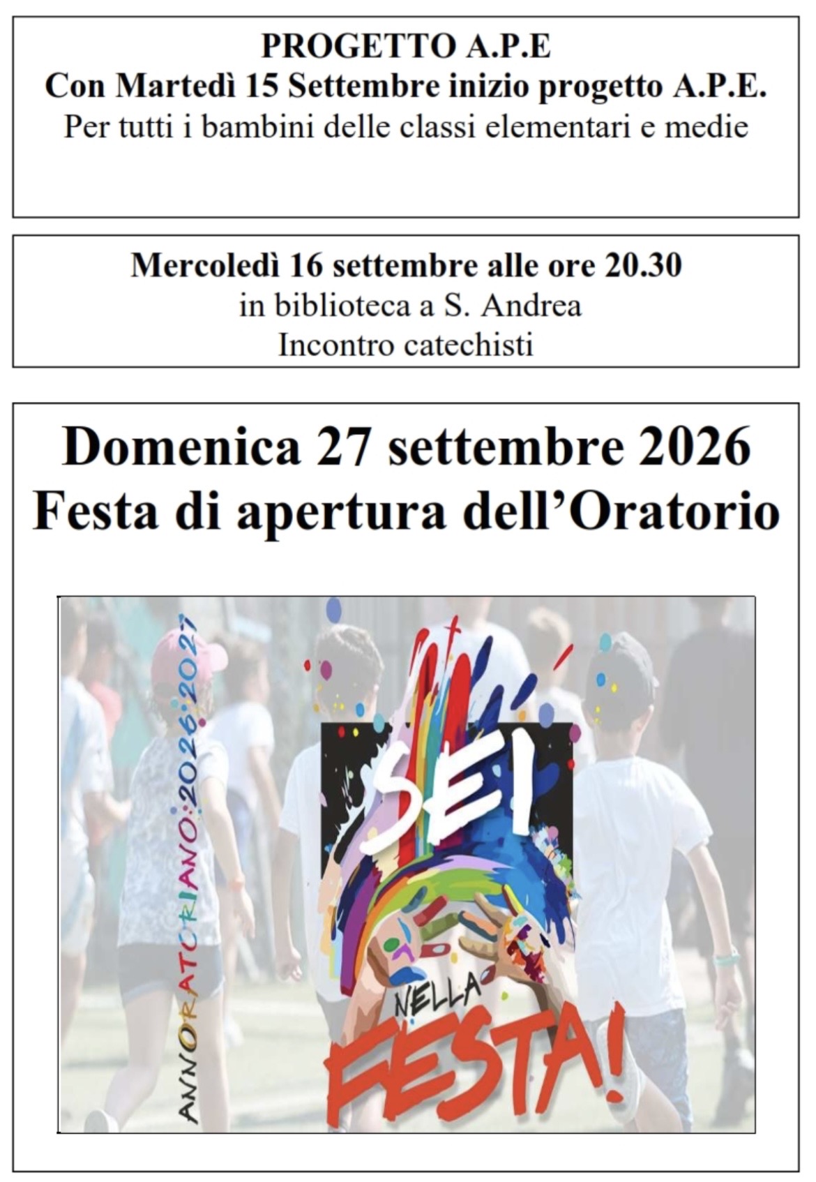 Locandina festa apertura oratorio 2026 e avvisi settembre