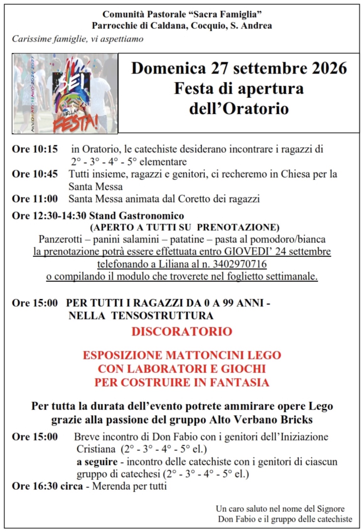 Locandina della Festa di apertura dell'Oratorio della Comunità Pastorale Sacra Famiglia di Caldana, Cocquio e S. Andrea per domenica 27 settembre 2026.