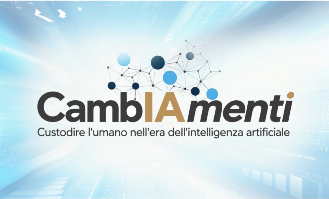 Locandina ufficiale del ciclo di webinar CambIAmenti: Custodire l'umano nell'era dell'intelligenza artificiale organizzato dalla CEI.