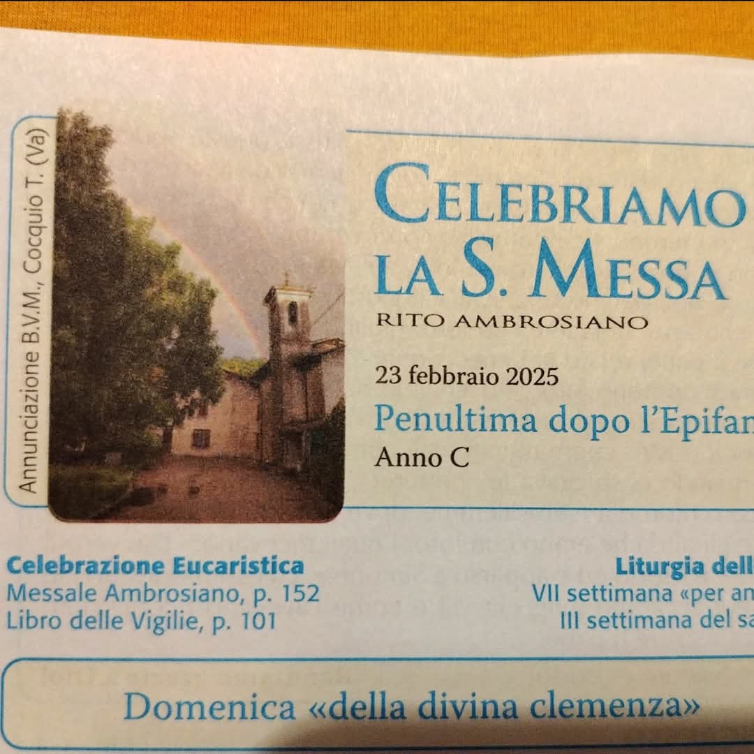 Chiesa dell'Annunciazione B.V.M. a Cocquio Trevisago sul foglio della Messa ambrosiana del 23 febbraio 2025 con arcobaleno