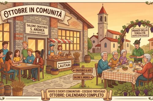 Illustrazione di copertina per gli eventi comunitari di ottobre a Cocquio Trevisago, con l'oratorio San Andrea, il gruppo giovani e il Pranzo della Terza Età degli Alpini.