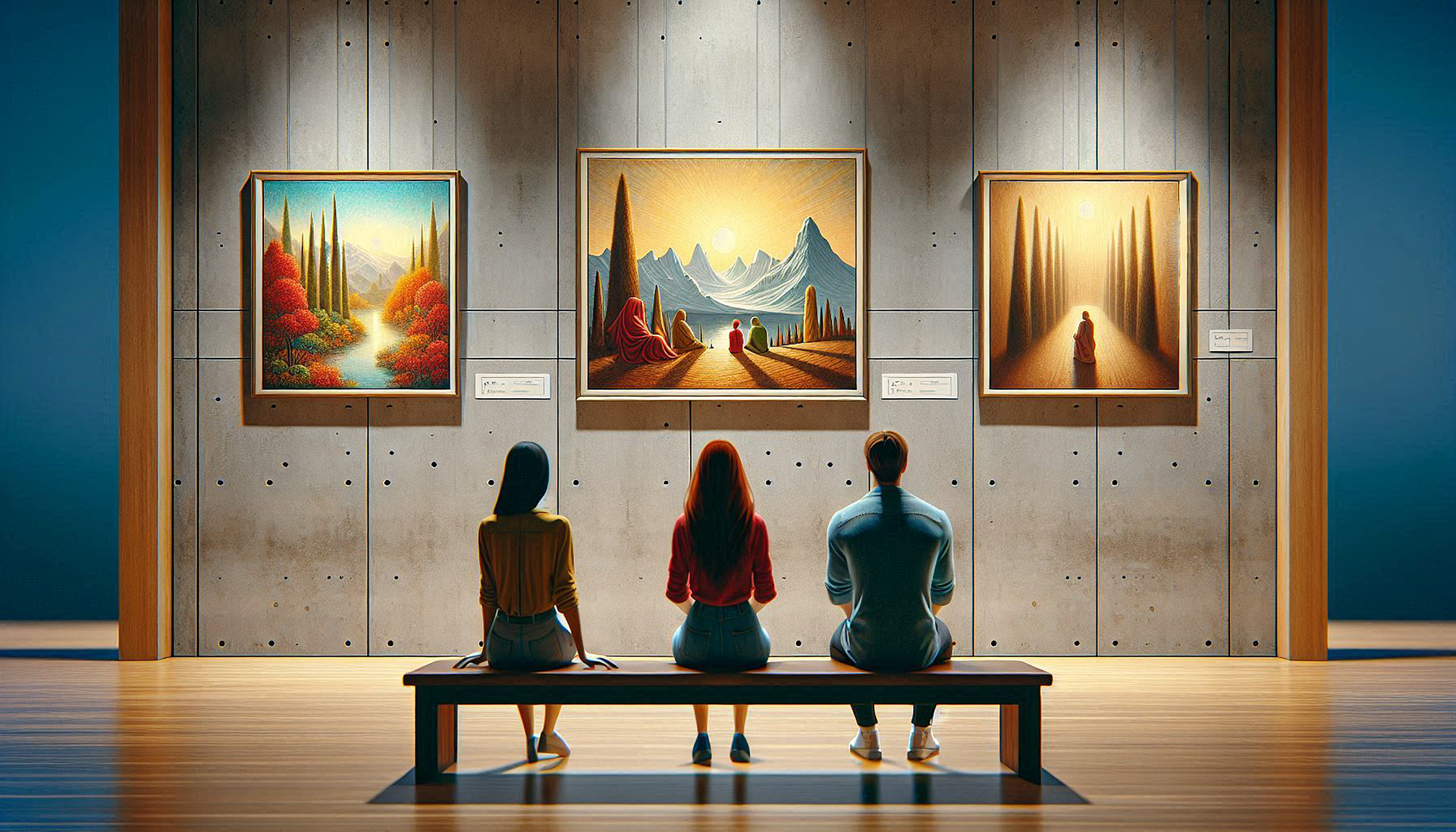 Persone sedute in una galleria d'arte di fronte a dipinti per la mostra Testimoni sino alla fine della Diocesi di Milano