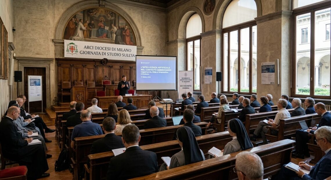 Sala gremita durante la giornata di studio sul tema dell'intelligenza artificiale in un seminario ambrosiano della Diocesi di Milano.