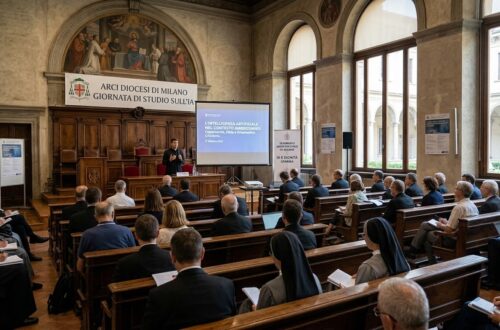 Sala gremita durante la giornata di studio sul tema dell'intelligenza artificiale in un seminario ambrosiano della Diocesi di Milano.