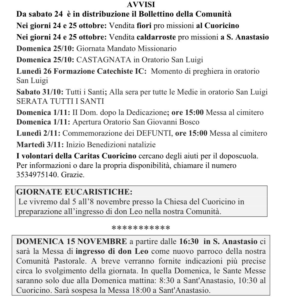 Informatore Parrocchiale 25 ottobre 2026. Comunità Pastorale Maria Ausiliatrice Cardano al Campo