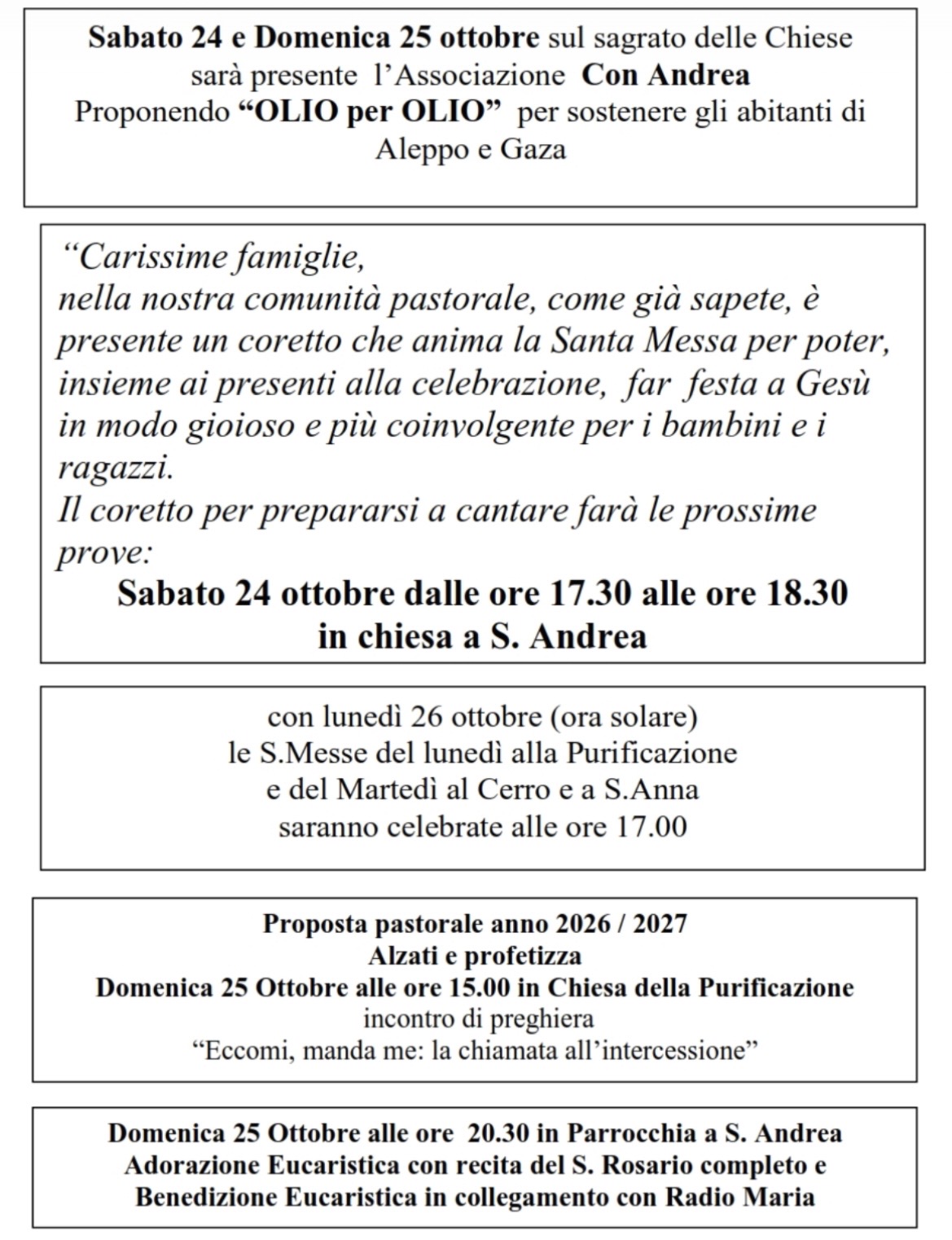 Avvisi domenicali 25 ottobre 2026 Cocquio Trevisago. Comunità Pastorale Sacra Famiglia 