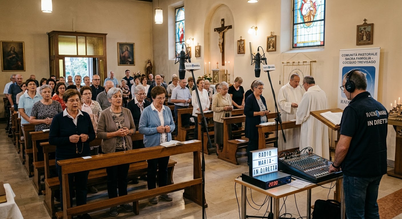 Comunità Pastorale Sacra Famiglia di Cocquio Trevisago in preghiera durante la diretta radiofonica in chiesa